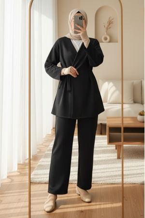 Beli Çift Bağlamalı Scuba Kimono Takım  -Siyah