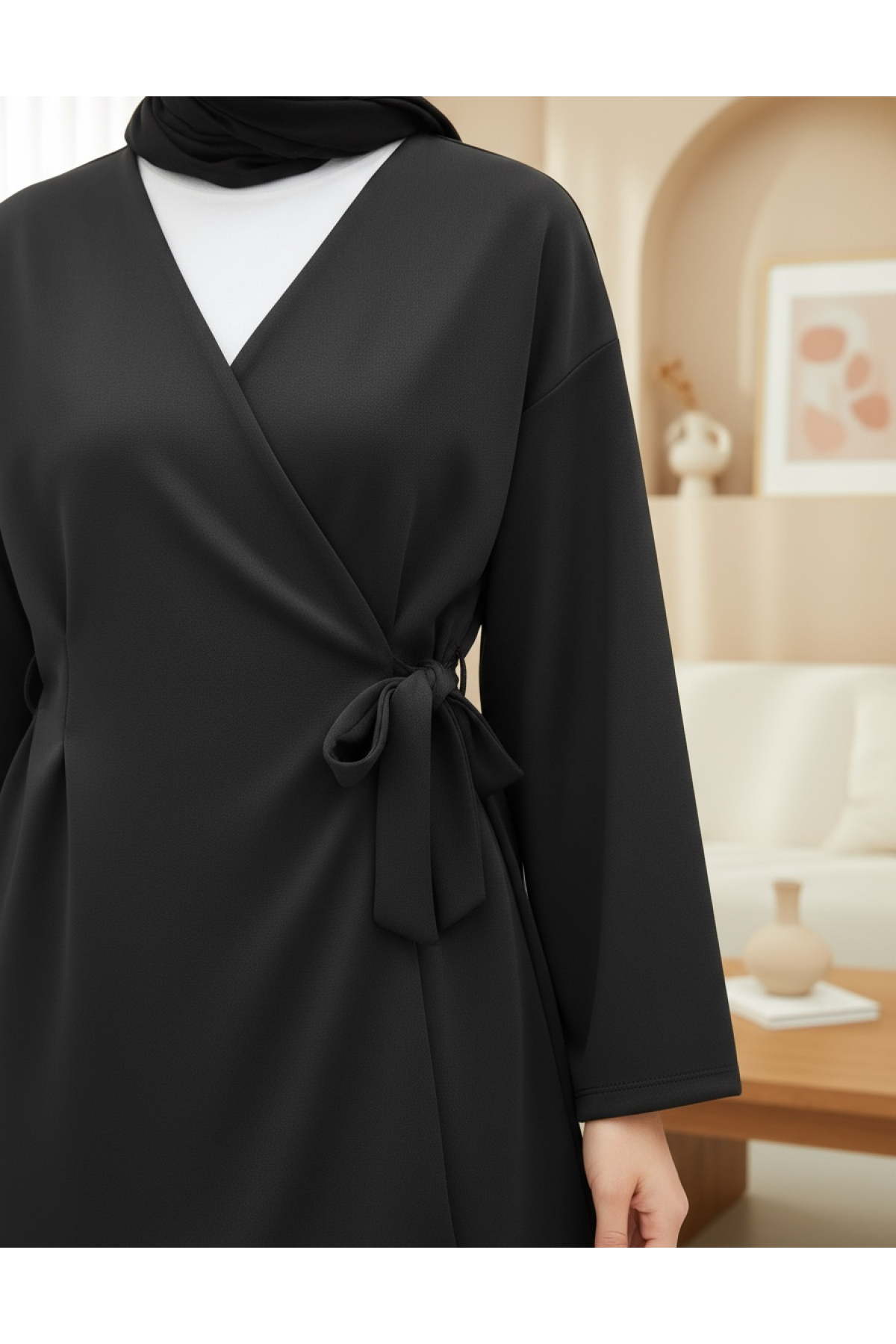 Beli Çift Bağlamalı Scuba Kimono Takım  -Siyah