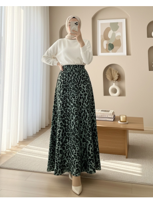 Leopard Print Scuba Skirt -Cagla Green