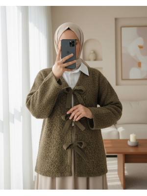 Önü Bağlamalı Kırçıllı Kaşe Ceket  -Açık Kahve