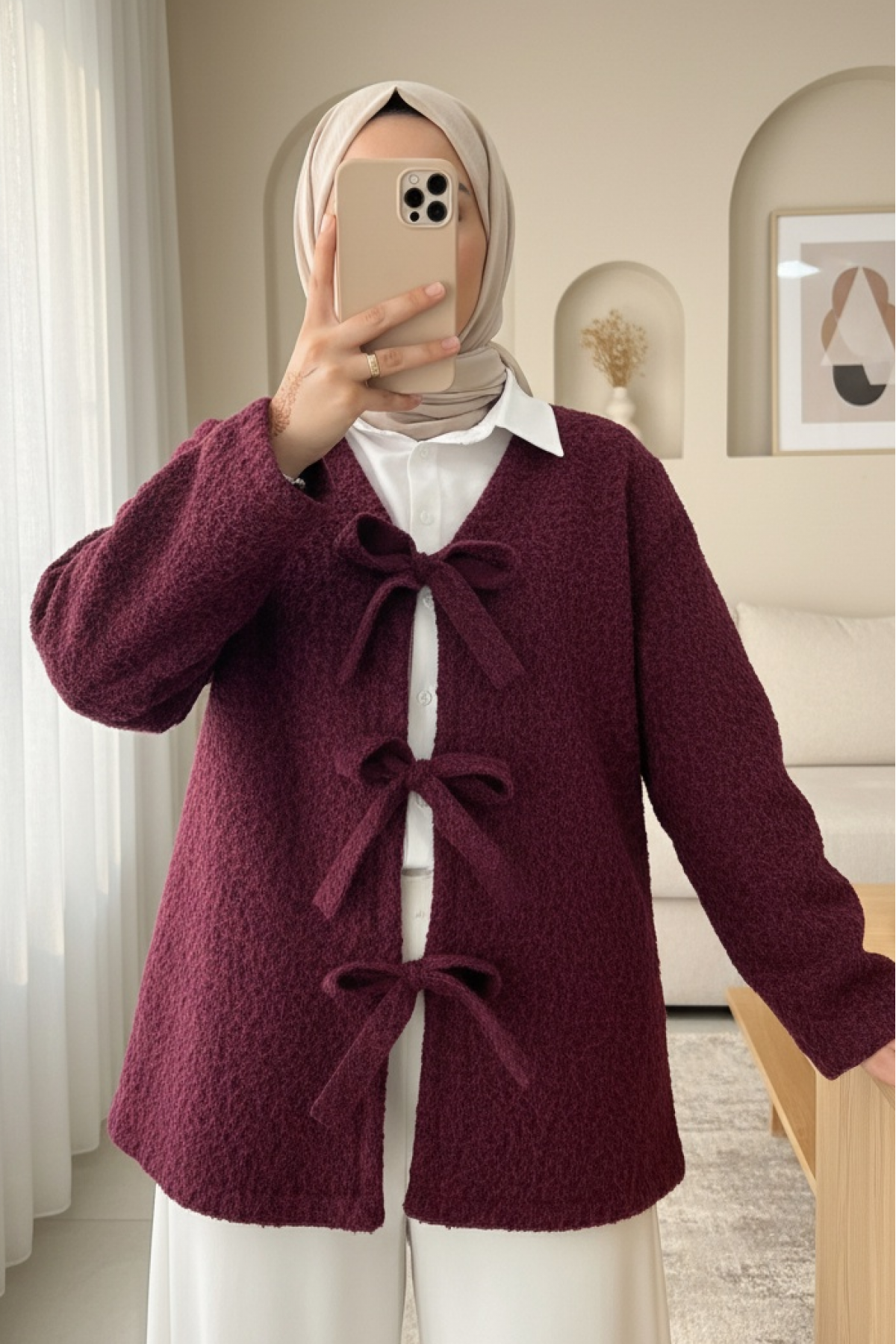 Önü Bağlamalı Kırçıllı Kaşe Ceket  -Bordo