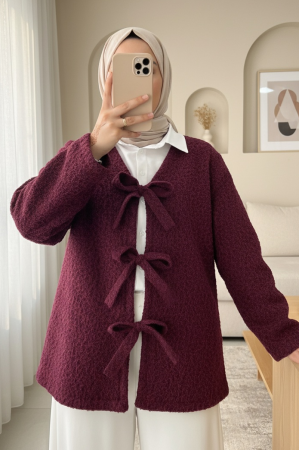 Önü Bağlamalı Kırçıllı Kaşe Ceket  -Bordo