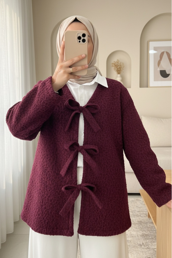 Front Tie Flecked Cashmere Jacket  -Maroon