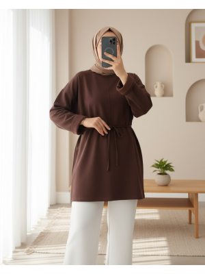 Compact Combed Cotton Tunic with Folded Sleeves and Tied Waist and Slit -Dark Coffee