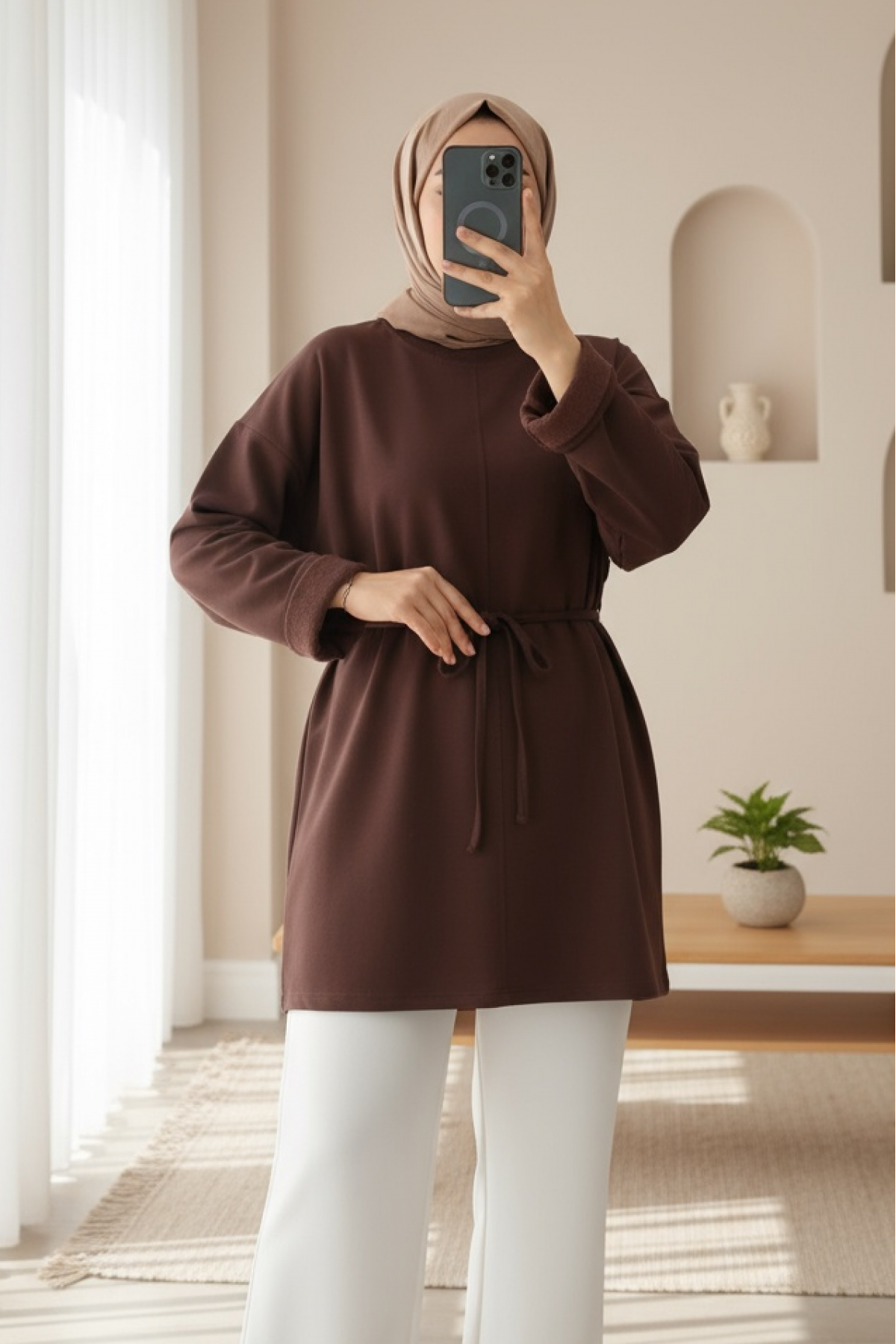 Kolu Katlı Beli Bağlamalı Yırtmaçlı  Kompakt  Penye Tunik -K. Kahve