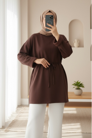 Kolu Katlı Beli Bağlamalı Yırtmaçlı  Kompakt  Penye Tunik -K. Kahve