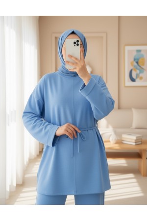 تونيك قطني ممشط مضغوط بأكمام مطوية وخصر مربوط وشق -أزرق