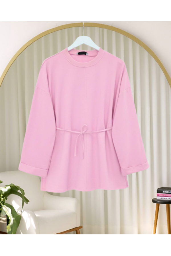 Kolu Katlı Beli Bağlamalı Yırtmaçlı  Kompakt  Penye Tunik -Pembe