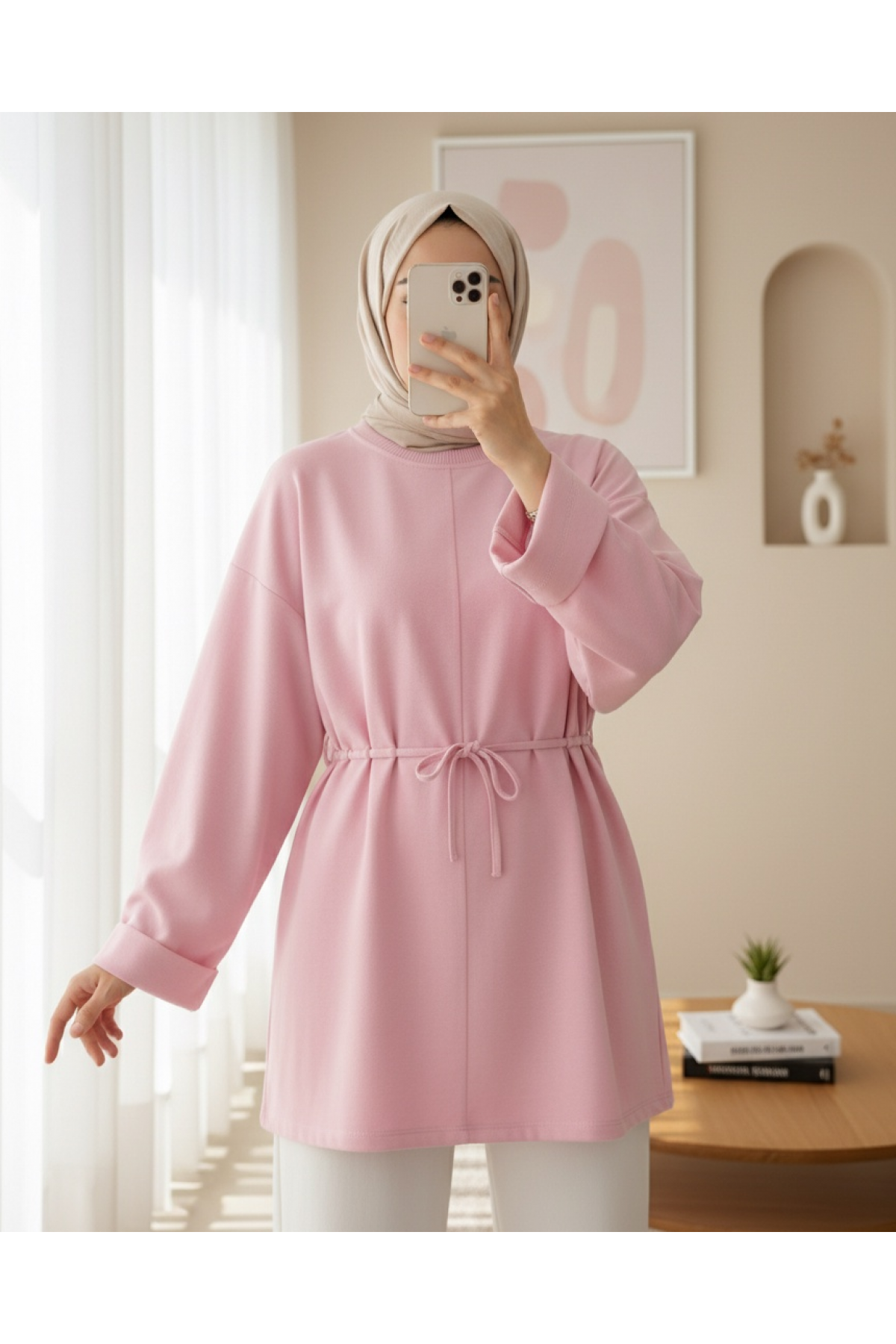 Compact Combed Cotton Tunic with Folded Sleeves and Tied Waist and Slit -Pink