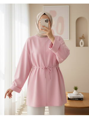 Compact Combed Cotton Tunic with Folded Sleeves and Tied Waist and Slit -Pink