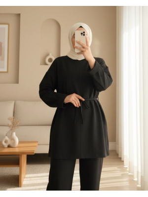 Compact Combed Cotton Tunic with Folded Sleeves and Tied Waist and Slit -Black
