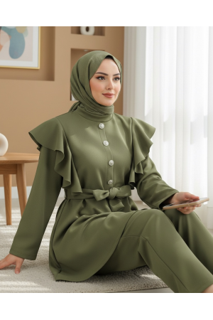بدلة غوص بتفاصيل أزرار وياقة قائمة وكشكشة على الكتف    -خاكي