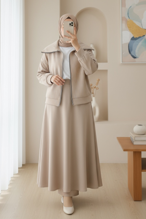 Önü Fermuarlı Boğazlı Taş Detaylı Scuba Takım  -Bej