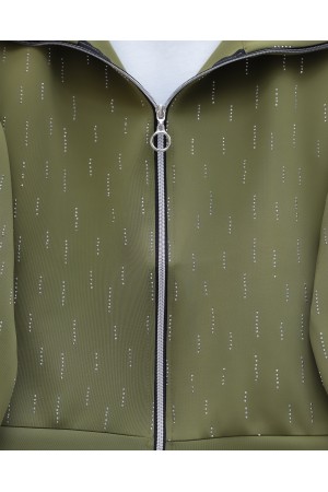 Zippered Front Turtleneck Stone Detailed Scuba Suit -Khaki