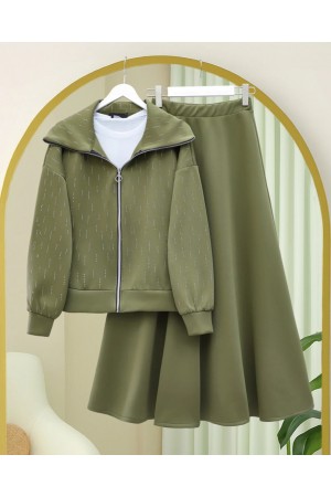 Zippered Front Turtleneck Stone Detailed Scuba Suit -Khaki