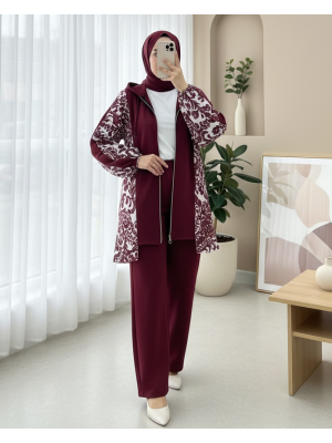 Fermuarlı Kapşonlu Yanları Desenli Scuba Takım -Bordo