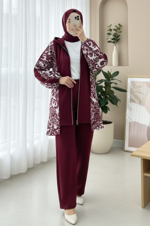 Fermuarlı Kapşonlu Yanları Desenli Scuba Takım -Bordo