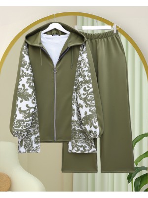 Fermuarlı Kapşonlu Yanları Desenli Scuba Takım -Haki