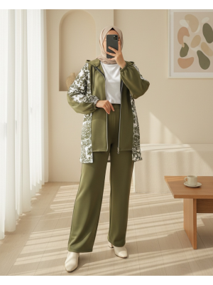 Fermuarlı Kapşonlu Yanları Desenli Scuba Takım -Haki