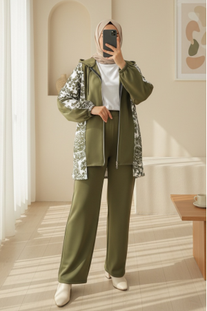 Fermuarlı Kapşonlu Yanları Desenli Scuba Takım -Haki