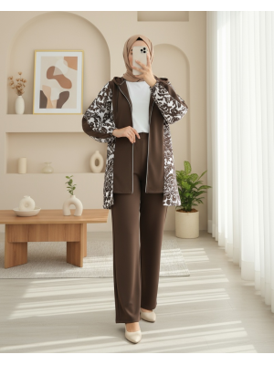 Fermuarlı Kapşonlu Yanları Desenli Scuba Takım -Kahve