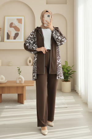 Fermuarlı Kapşonlu Yanları Desenli Scuba Takım -Kahve