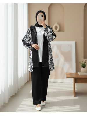 Fermuarlı Kapşonlu Yanları Desenli Scuba Takım -Siyah