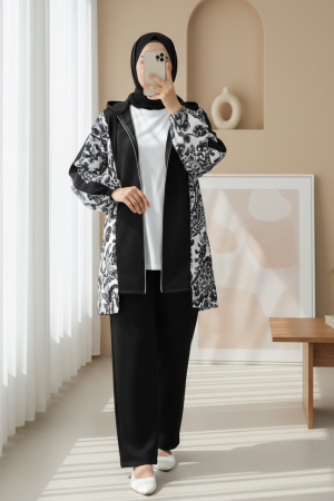 Fermuarlı Kapşonlu Yanları Desenli Scuba Takım -Siyah