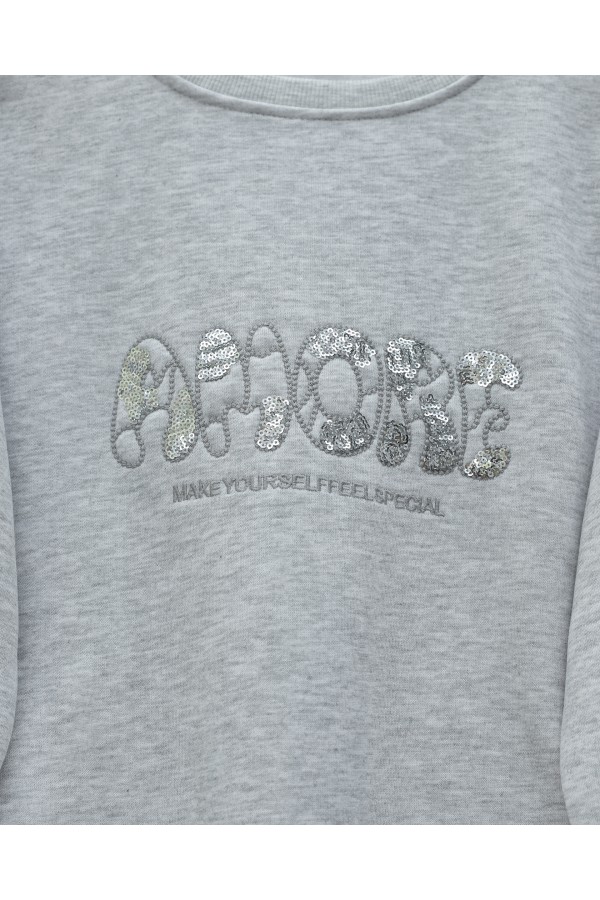 Three  Thread Sweater with Sequin Detail and Script on the Front - Light grey