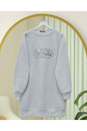 Önü Pul Payet Detaylı Yazılı Üç İplik Sweat -Açık Gri