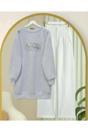 Önü Pul Payet Detaylı Yazılı Üç İplik Sweat -Açık Gri