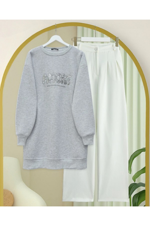 Three  Thread Sweater with Sequin Detail and Script on the Front - Light grey