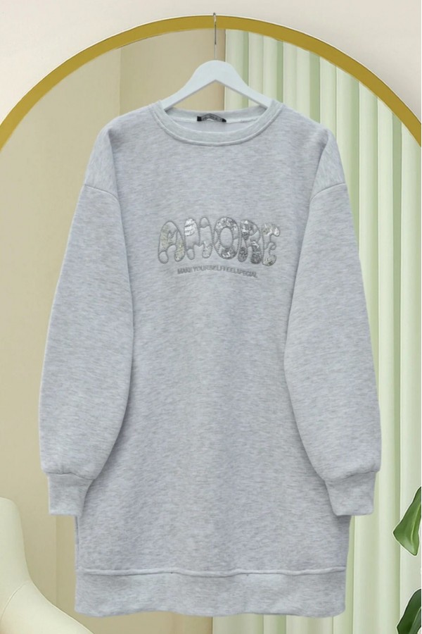Three  Thread Sweater with Sequin Detail and Script on the Front - Light grey
