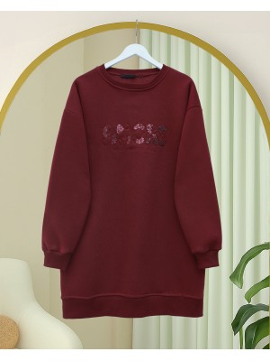 Three  Thread Sweater with Sequin Detail and Script on the Front -Maroon