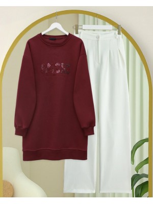 Three  Thread Sweater with Sequin Detail and Script on the Front -Maroon