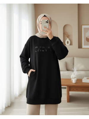 Three  Thread Sweater with Sequin Detail and Script on the Front -Black