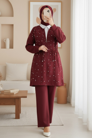 Serpme İncili Tünel Bağcıklı Scuba Takım  -Bordo