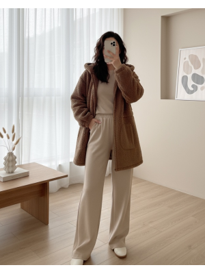 Beli Lastikli Kapşonlu Fermuarlı Peluş Mont   -Taba