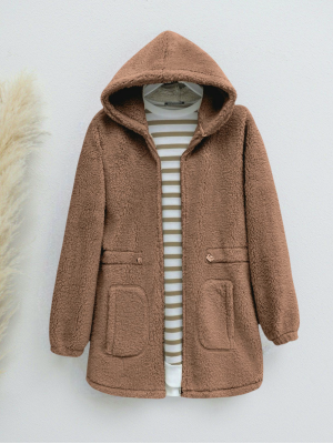 Elastic Waist Hooded Zippered Plush Coat   -Snuff