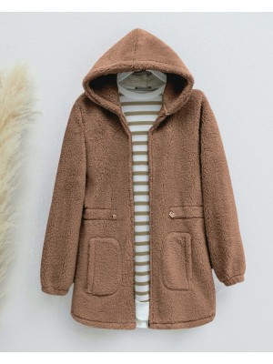 Beli Lastikli Kapşonlu Fermuarlı Peluş Mont   -Taba