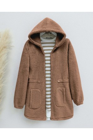 Elastic Waist Hooded Zippered Plush Coat   -Snuff