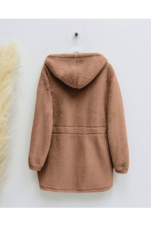 Beli Lastikli Kapşonlu Fermuarlı Peluş Mont   -Taba