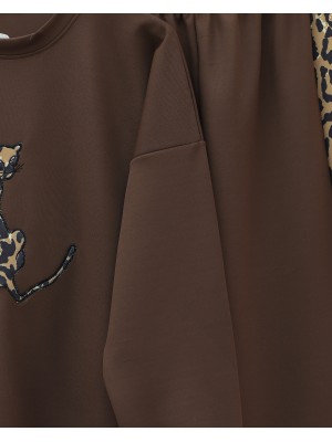 Leopar Figürlü Ve Desenli Pantolonlu Scuba Takım -Kahve