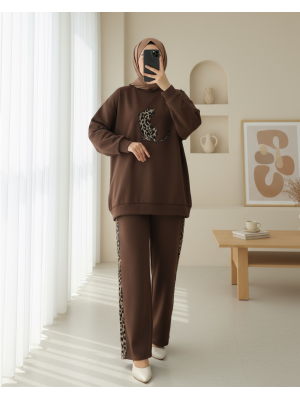 Leopar Figürlü Ve Desenli Pantolonlu Scuba Takım -Kahve