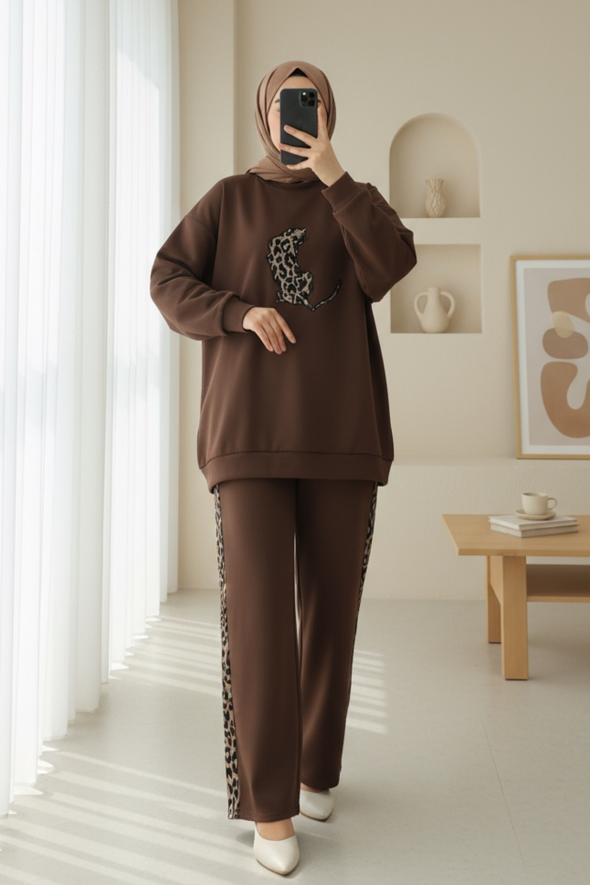 Leopard Figured and Patterned Trouser Scuba Suit -Brown