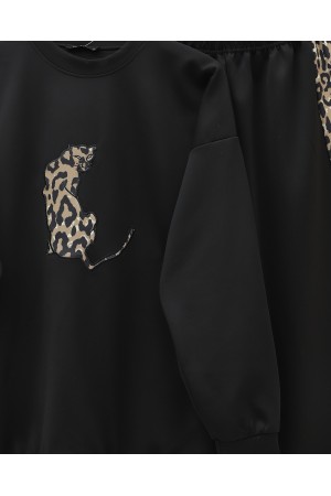 Leopard Figured and Patterned Trouser Scuba Suit -Black