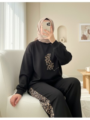 Leopar Figürlü Ve Desenli Pantolonlu Scuba Takım -Siyah