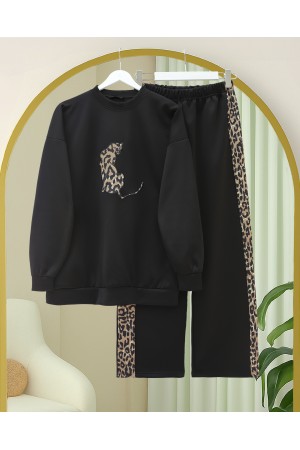 Leopard Figured and Patterned Trouser Scuba Suit -Black