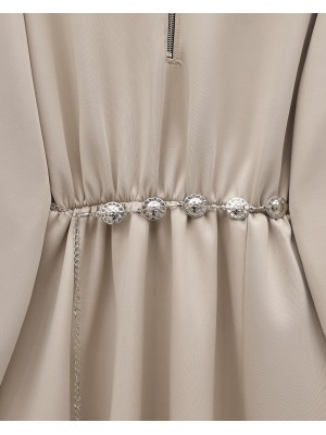 Boğazlı Yarım Fermuarlı Beli Büzgülü Kemerli Scuba Elbise -Bej