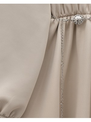 Boğazlı Yarım Fermuarlı Beli Büzgülü Kemerli Scuba Elbise -Bej